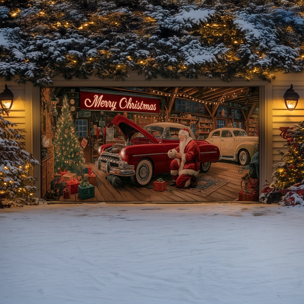 Shineful Garage Door Banner Decoration Santa’s Classic Car Workshop