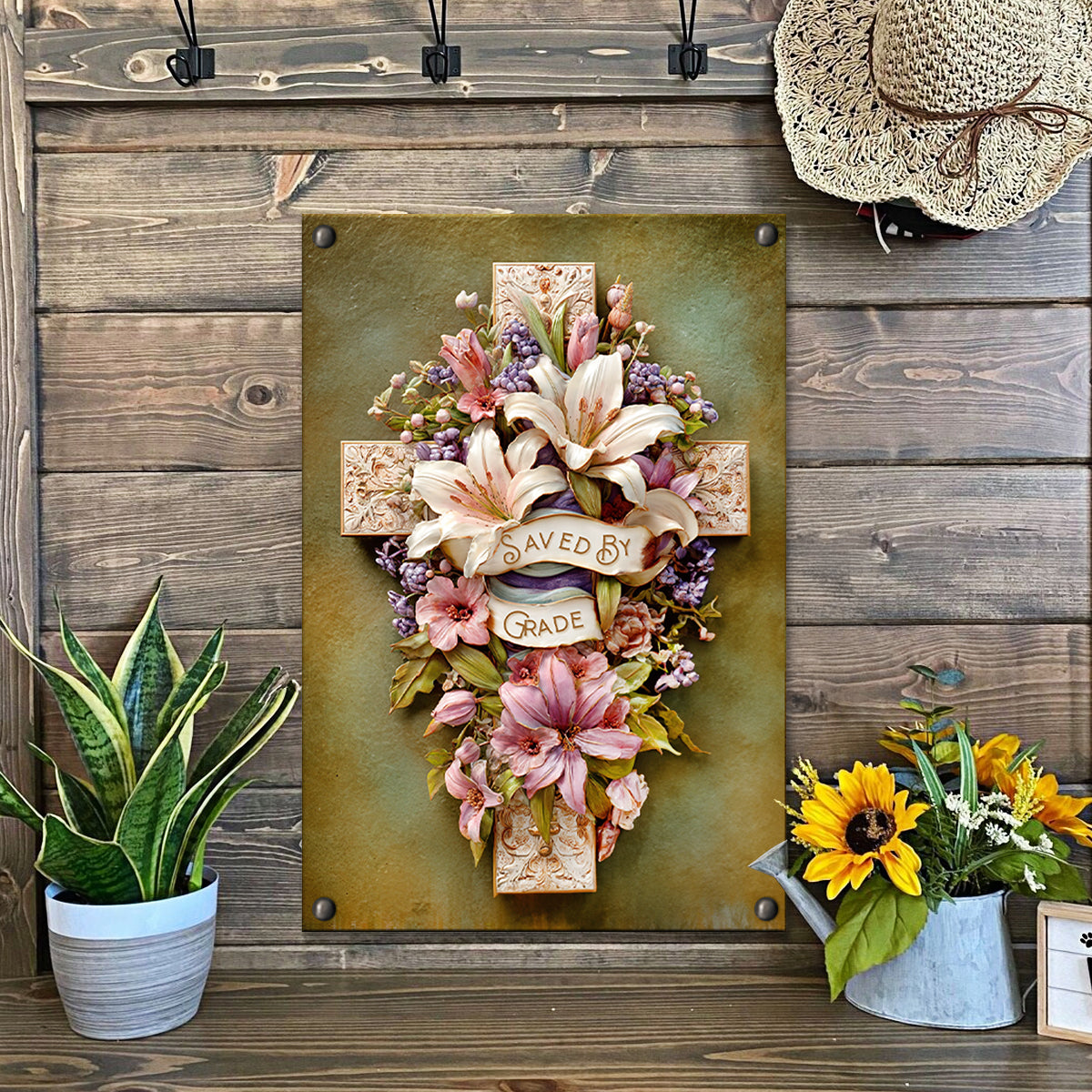 Shineful 2D Metal Sign Vintage Grace Cross Floral