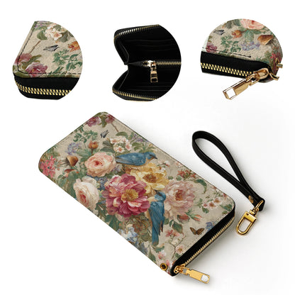 Shineful Leather Clutch Purse With Wristlet Strap Handle Bluebird Blossom