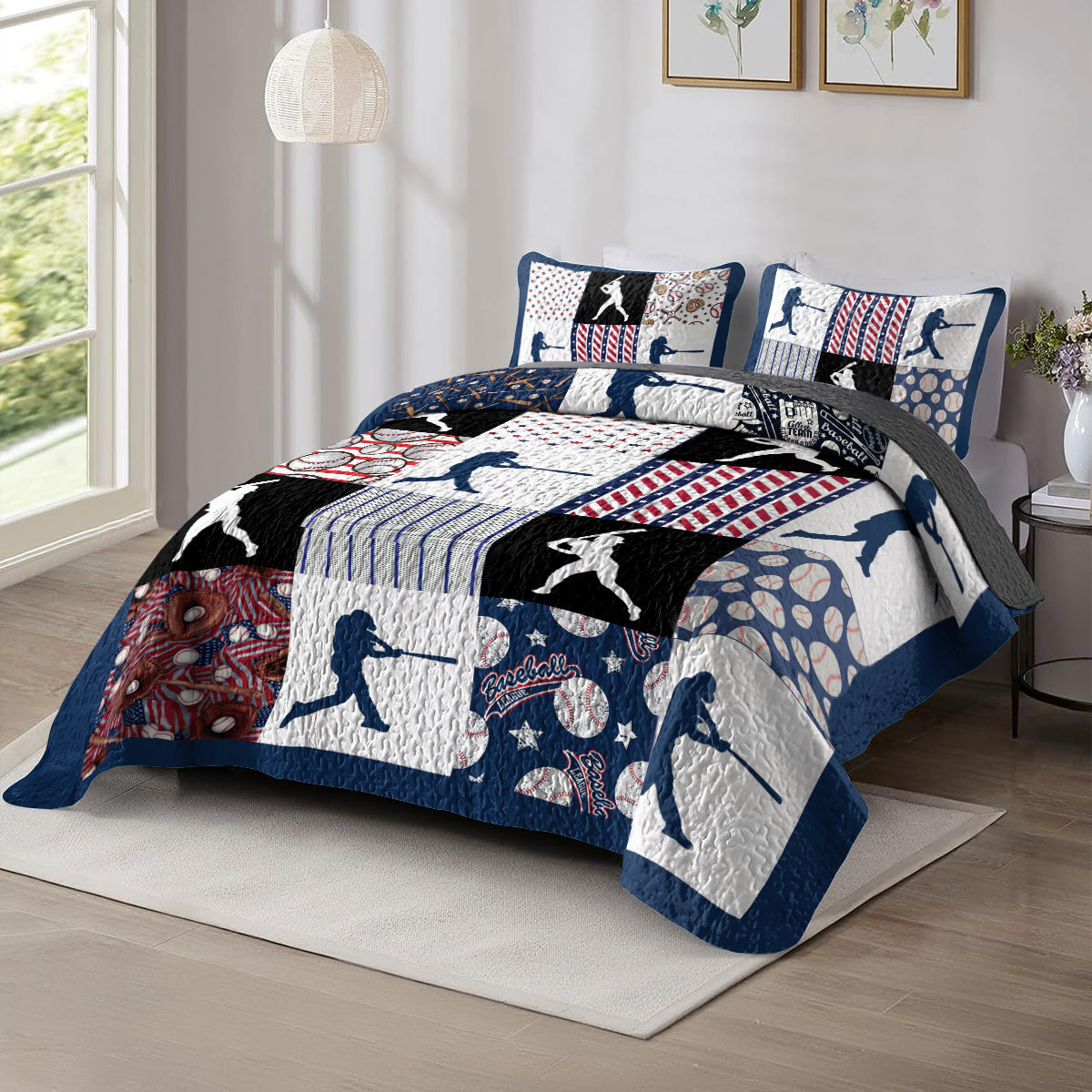 Shineful All Season Quilt 3-Piece Set Patriotic Baseball Patchwork