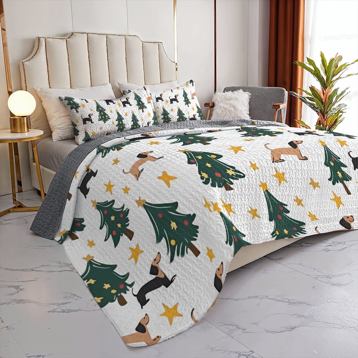 Shineful All Season Quilt 3-Piece Set Dachshund And Christmas Tree