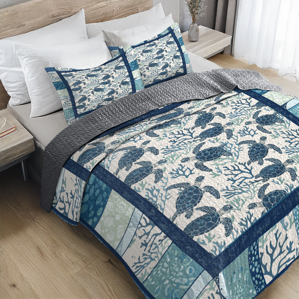 Shineful All Season Quilt 3-Piece Set Blue Ocean Turtle