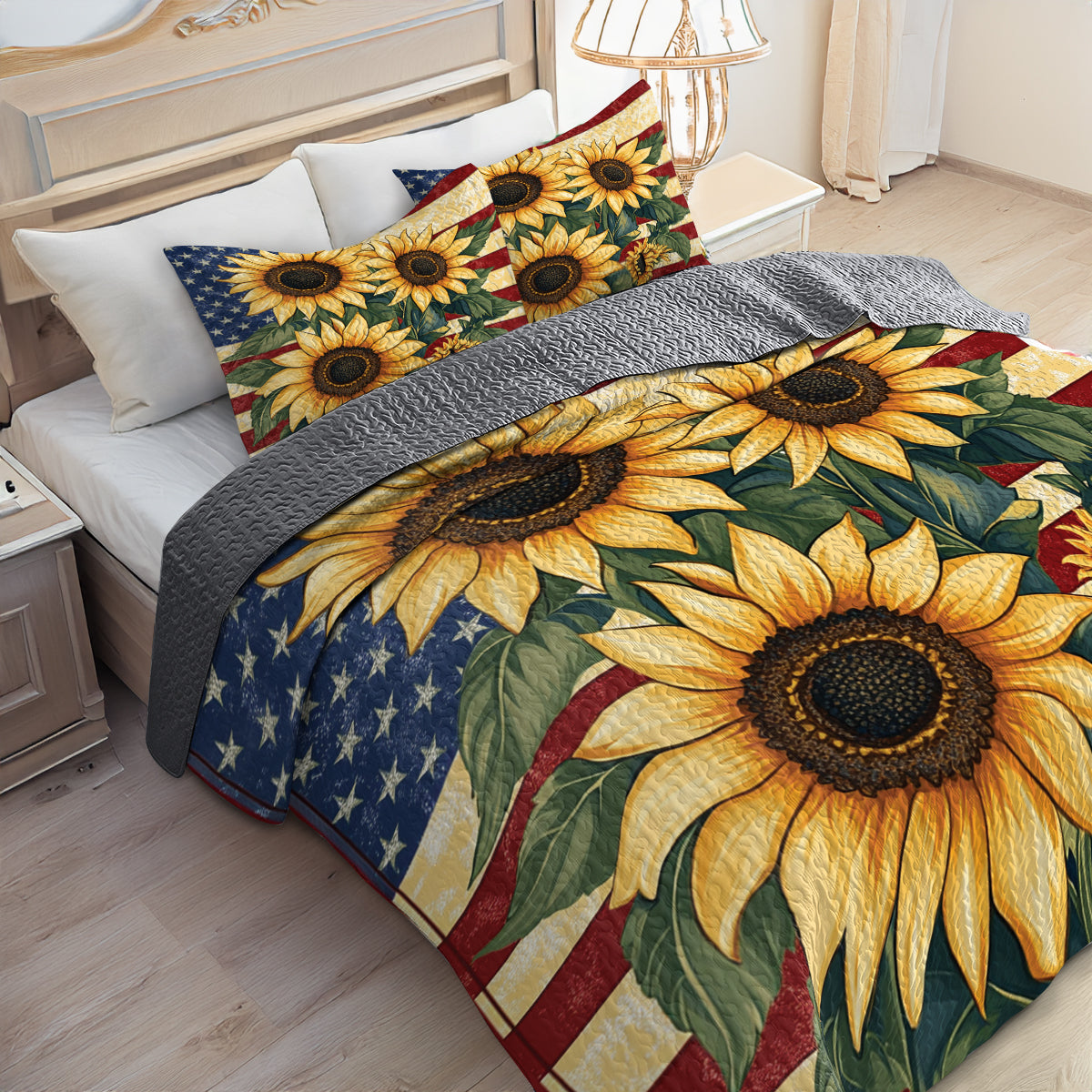 Shineful All Season Quilt 3-Piece Set Vintage American Sunflower