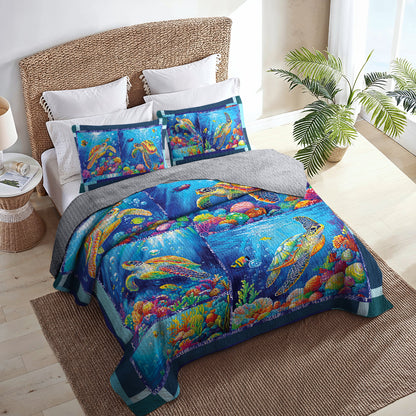Shineful All Season Quilt 3-Piece Set - Sea Turtle And Vibrant Ocean Life