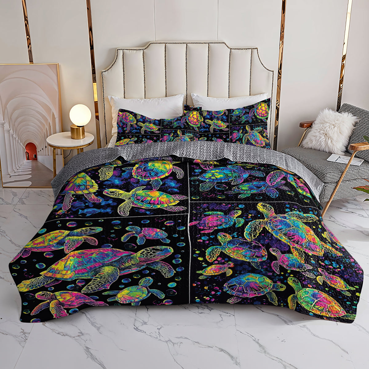 Shineful All Season Quilt 3-Piece Set Neon Bubble Sea Turtle