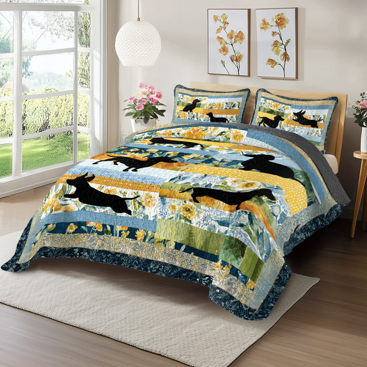Shineful All Season Quilt 3-Piece Set Dachshund Spring Garden