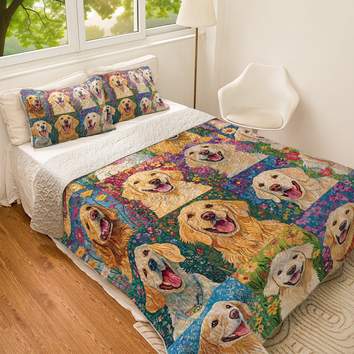 Shineful All Season Quilt 3-Piece Set Golden Retriever Garden