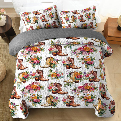 Shineful All Season Quilt 3-Piece Set Blooming Wildflower Cowboy Boots