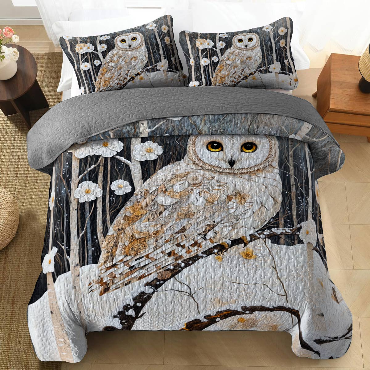Shineful Flat Print All Season Quilt 3-Piece Set Charming Owl White Flowers Winter