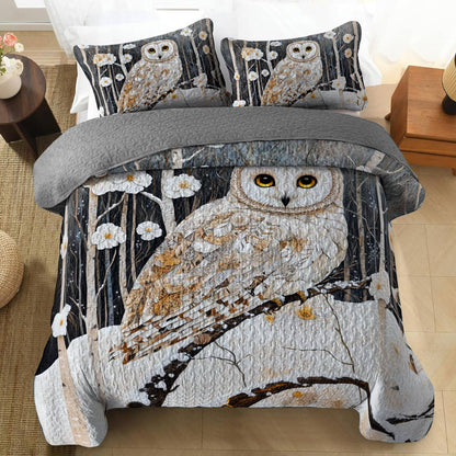 Shineful Flat Print All Season Quilt 3-Piece Set Charming Owl White Flowers Winter
