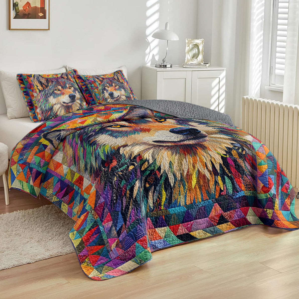 Shineful All Season Quilt 3-Piece Set Colorful Wolf