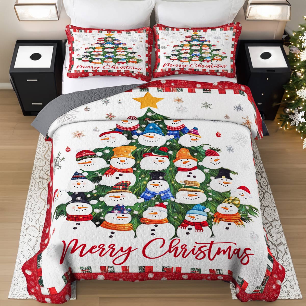 Shineful All Season Quilt 3-Piece Set Merry Christmas Snowmen