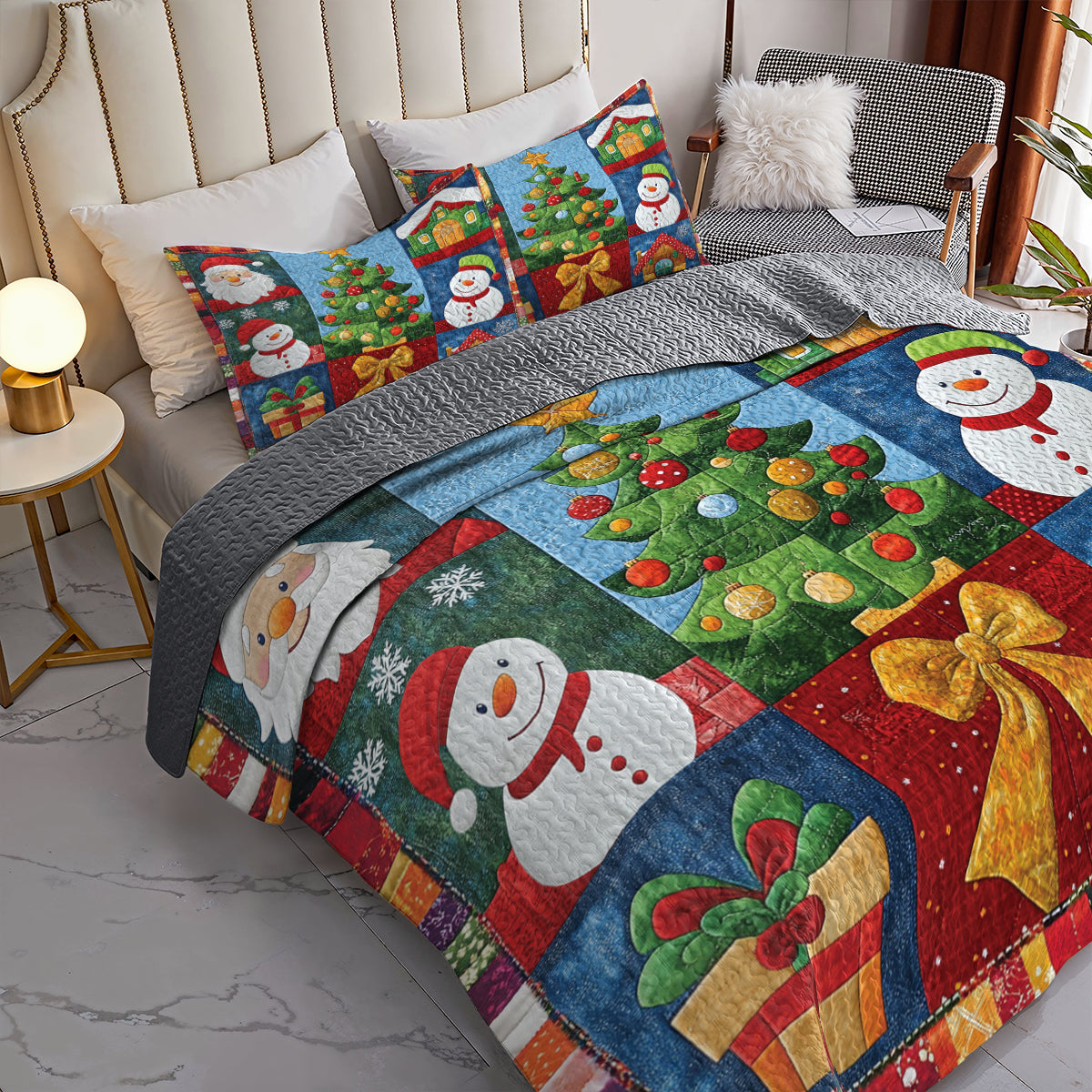 Shineful All Season Quilt 3-Piece Set Festive Snowman & Christmas Tree