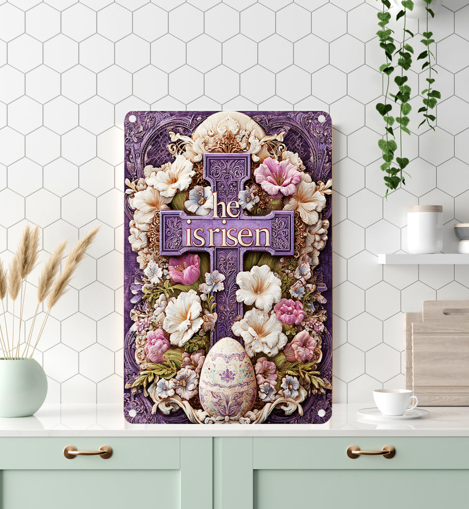 Shineful 2D Metal Sign Ornate Royal Cross “He Is Risen”