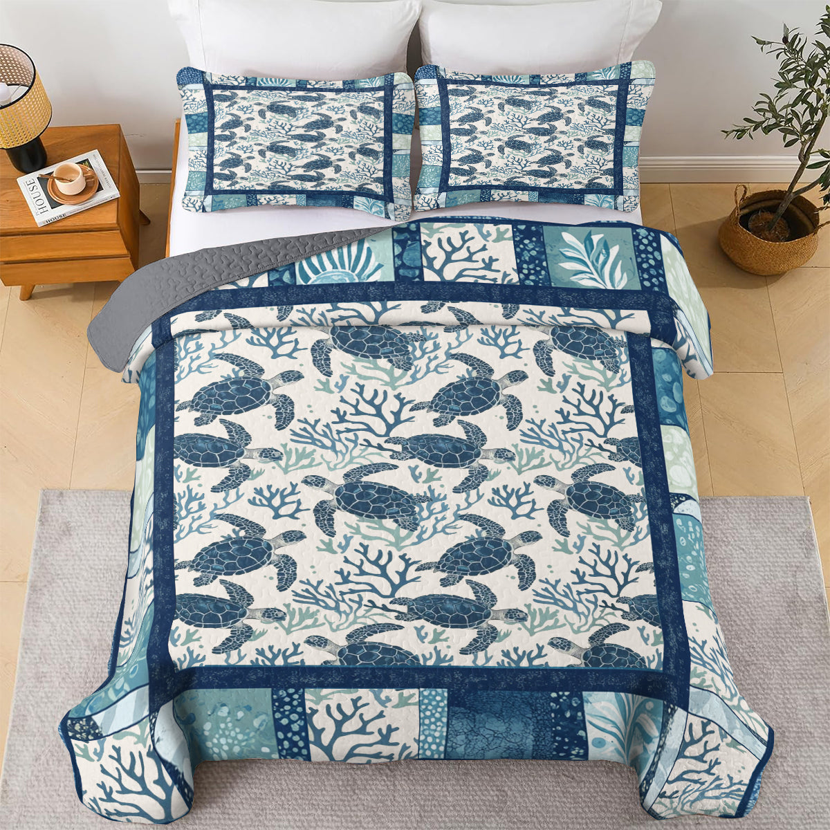 Shineful All Season Quilt 3-Piece Set Blue Ocean Turtle