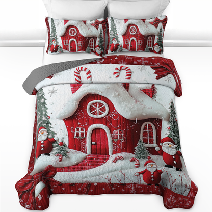 Shineful All Season Quilt 3-Piece Set - Whimsical Red House Christmas