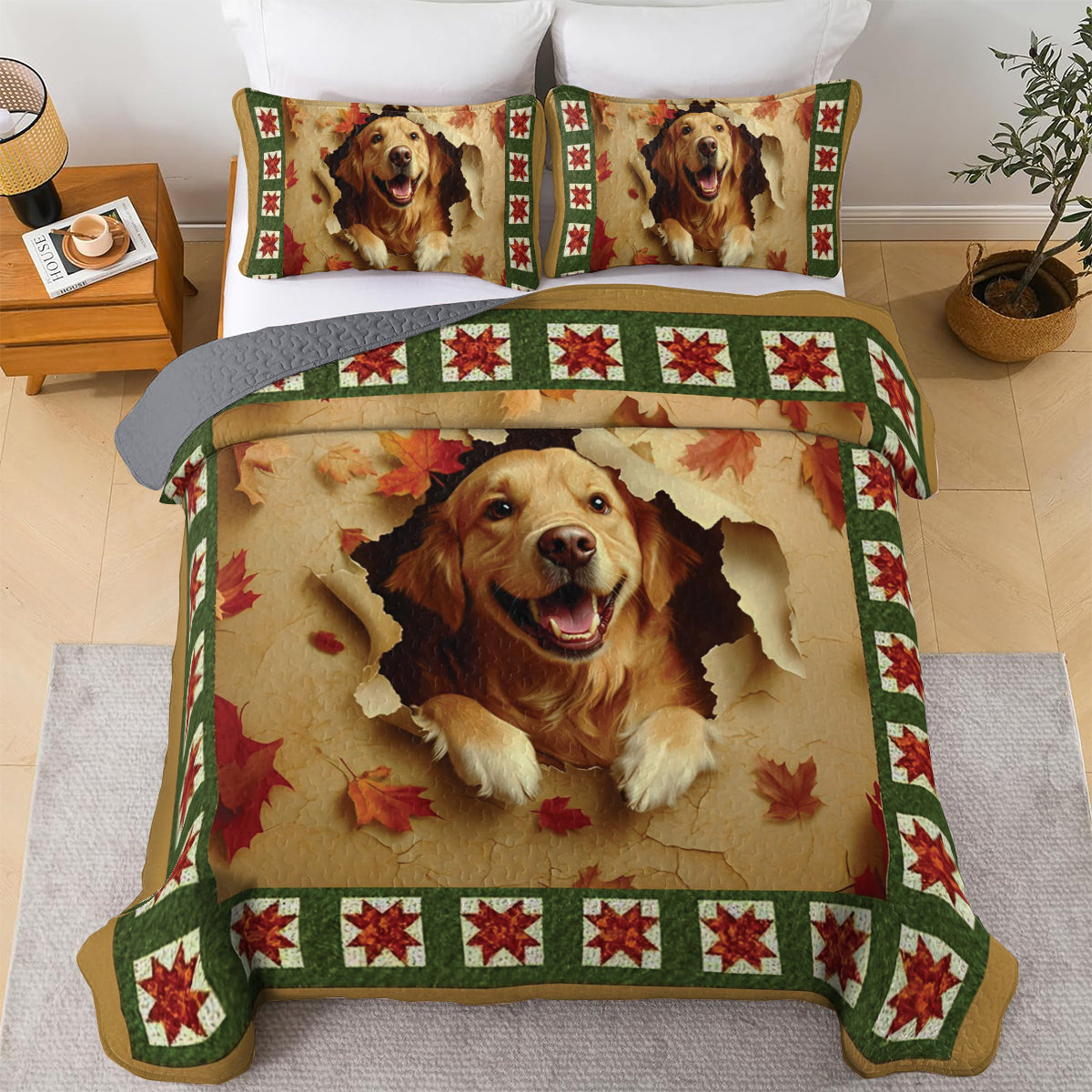 Shineful All Season Quilt 3-Piece Set Golden Retriever Joy