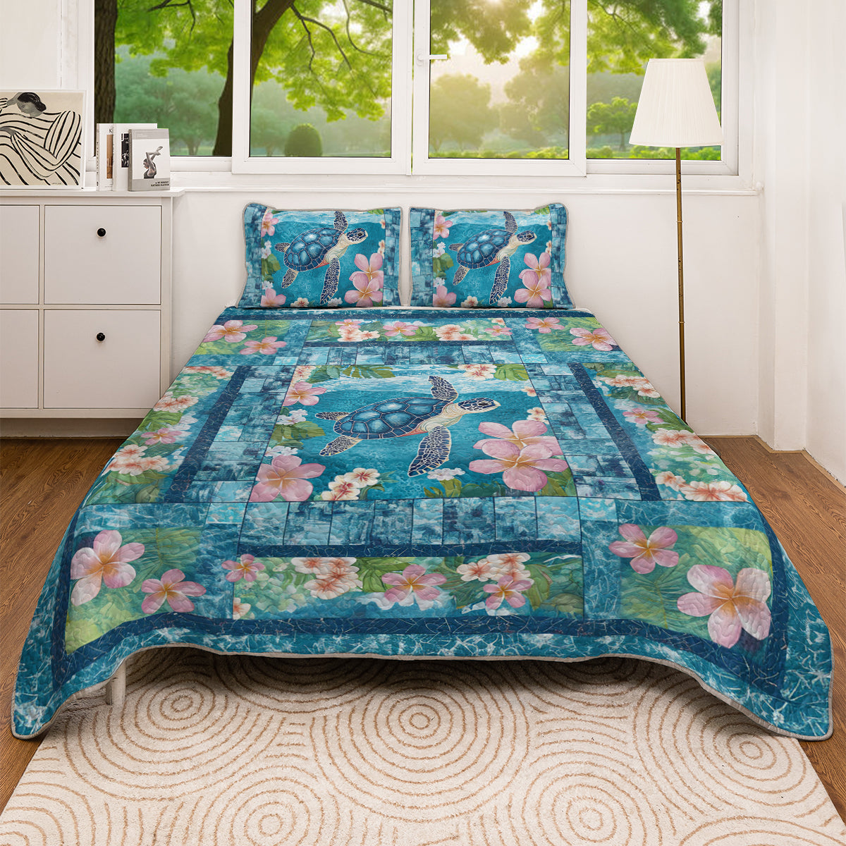 Shineful All Season Quilt 3-Piece Set Floral Plumeria Sea Turtle