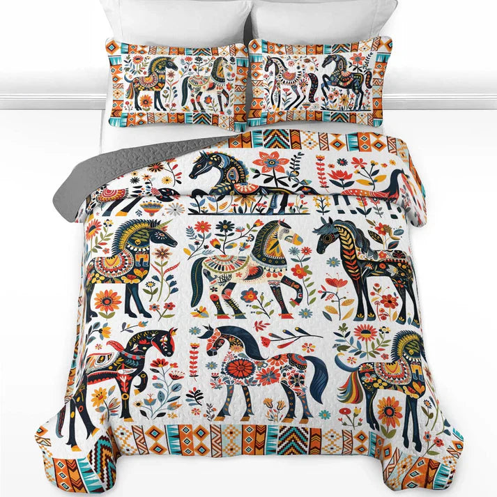 Shineful Quilt 3-Piece Set Horse Floral Pattern