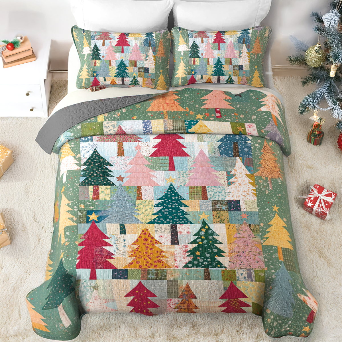 Shineful All Season Quilt 3-Piece Set Patchwork Christmas Tree