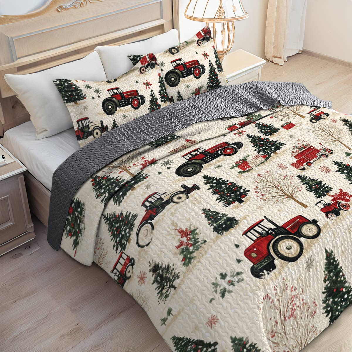 Shineful All Season Quilt 3-Piece Set Tractor Christmas