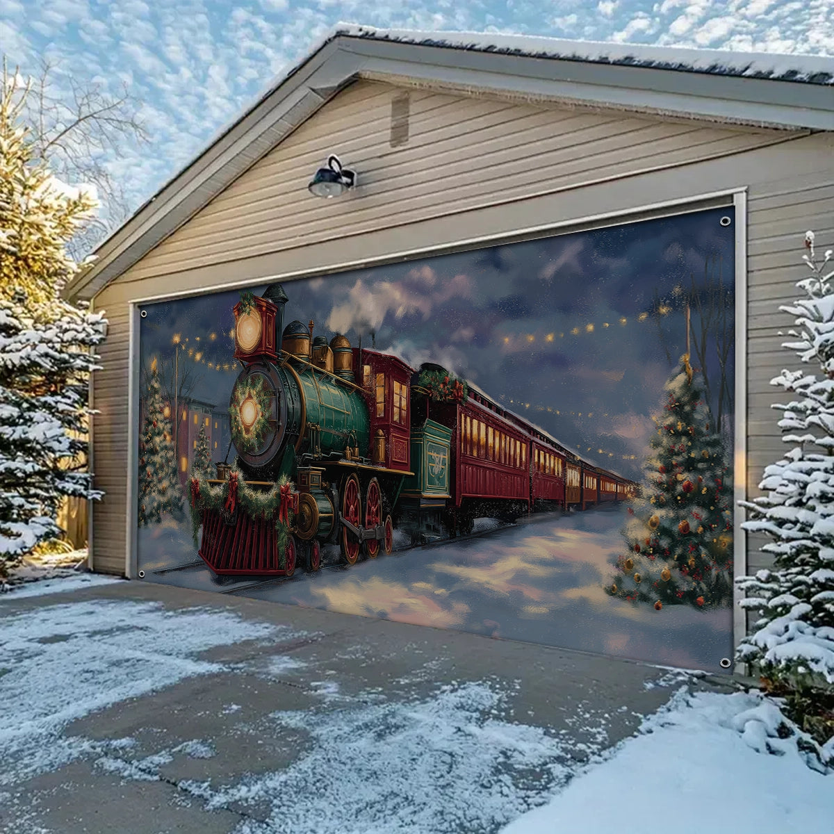 Shineful Garage Door Banner Decoration Christmas Eve Express Locomotive