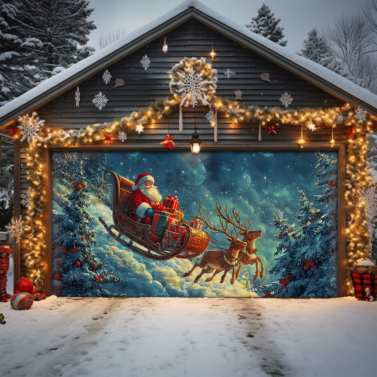 Shineful Garage Door Banner Decoration Christmas Santa's Sleigh