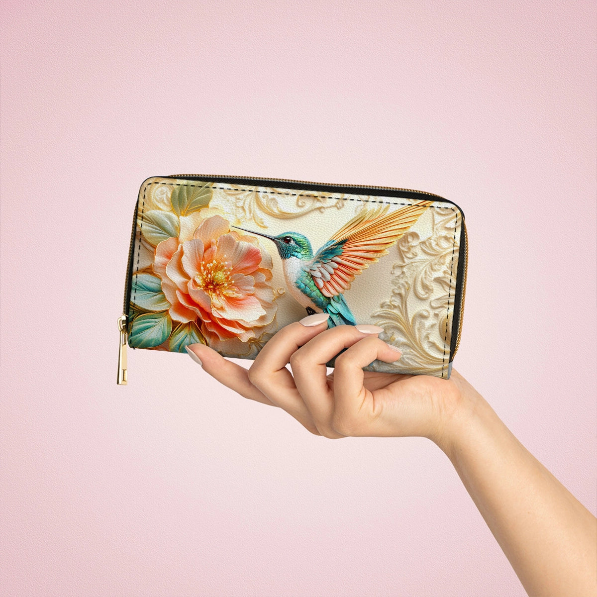 Shineful Leather Clutch Purse With Wristlet Strap Handle Golden Bloom Hummingbird
