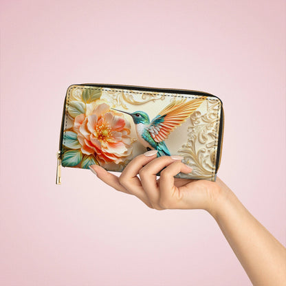Shineful Leather Clutch Purse With Wristlet Strap Handle Golden Bloom Hummingbird