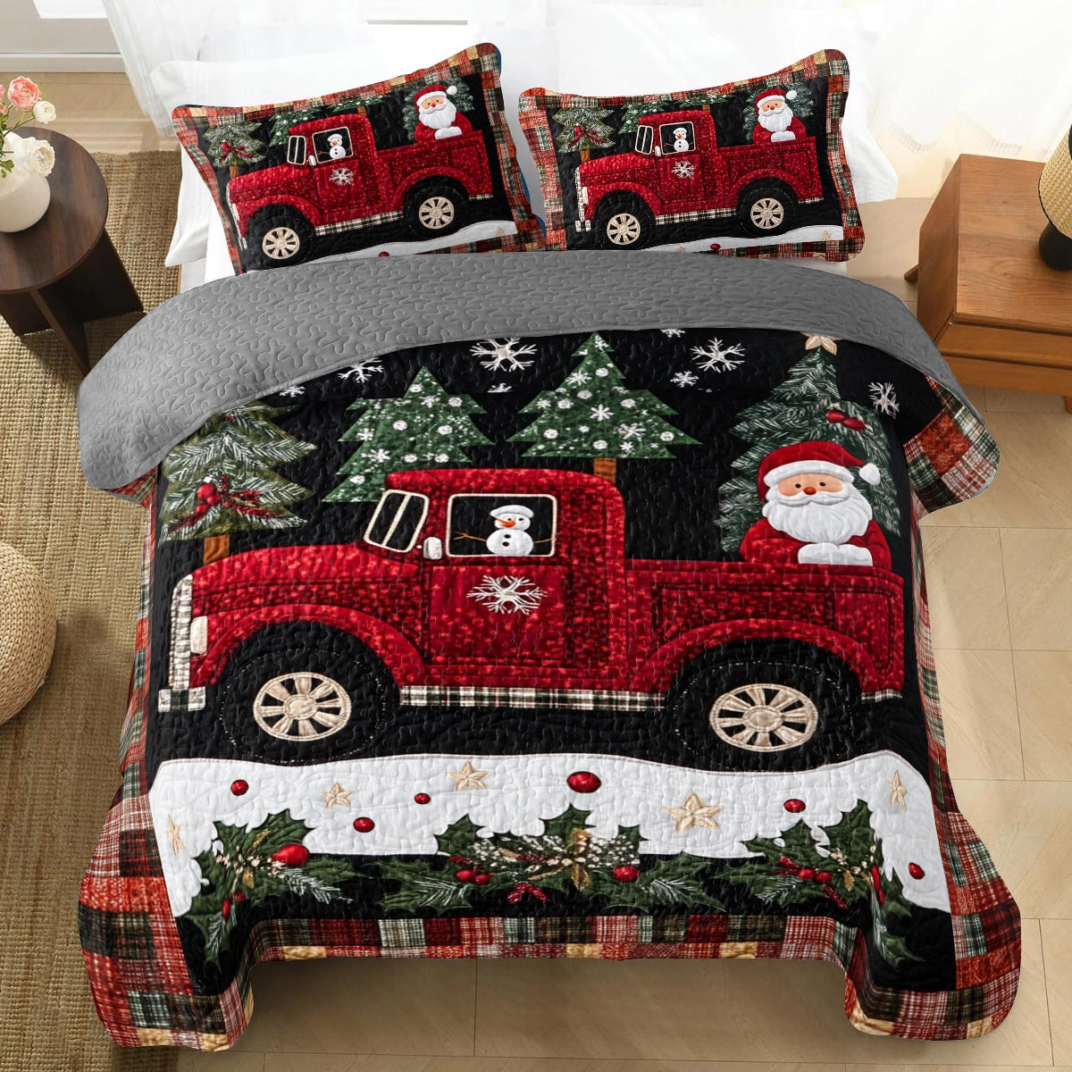 Shineful All Season Quilt 3-Piece Set Christmas  Santa's Red Truck
