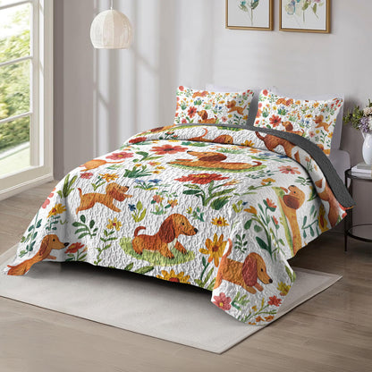 Shineful All Season Quilt 3-Piece Set Dachshund Flower Garden