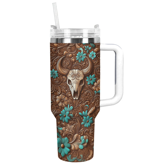 Shineful Tumbler Leather Tooling With Cow Skull Pattern