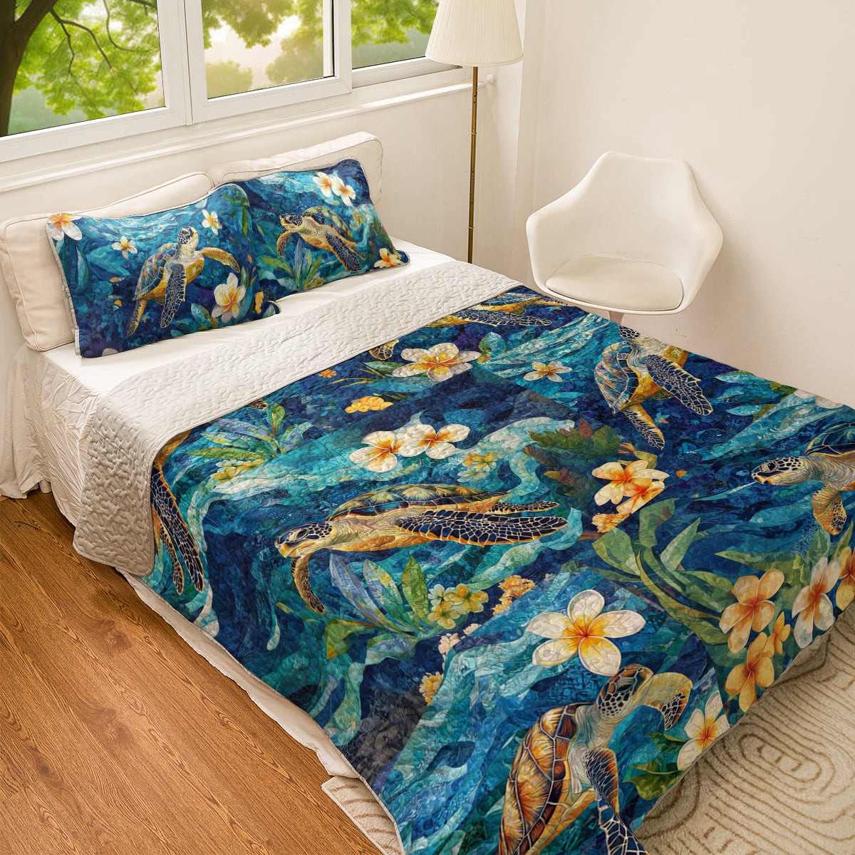 Shineful All Season Quilt 3-Piece Set Plumeria Deep Blue Sea Turtle