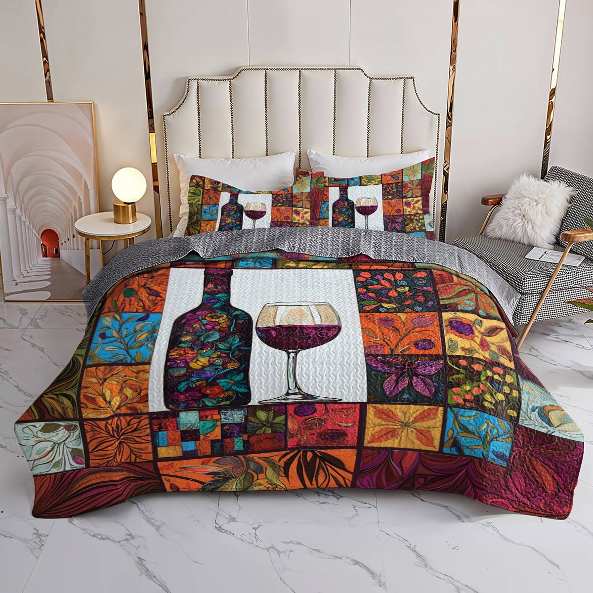 Shineful All Season Quilt 3-Piece Set Vintage Wine Glass Lovely
