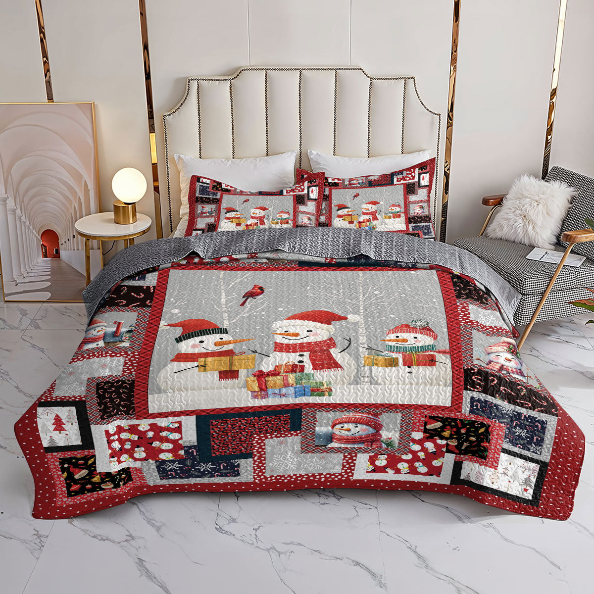 Shineful All Season Quilt 3-Piece Set Snowmen Happy