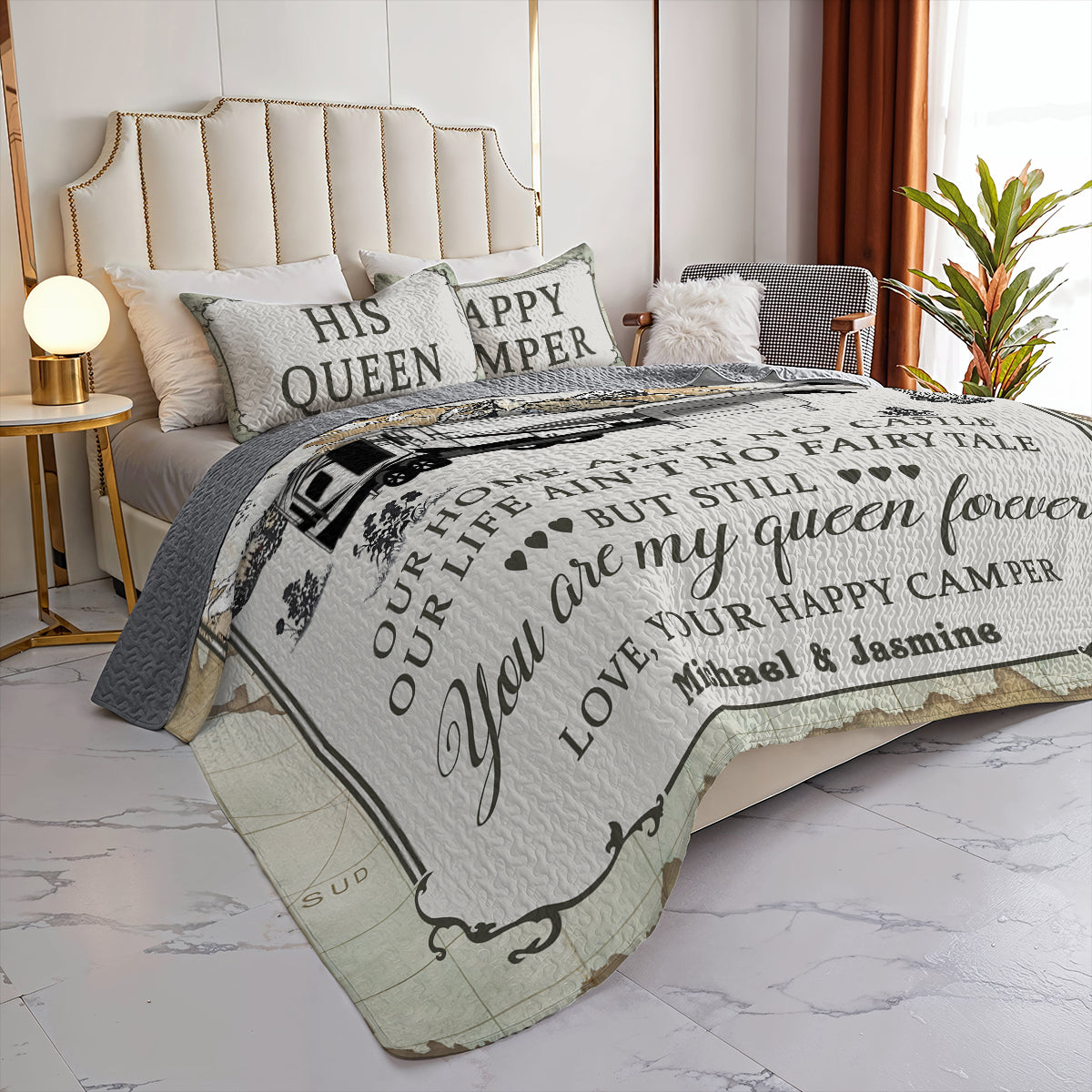 Shineful All Season Quilt 3-Piece Set Personalized Camping Map My Queen