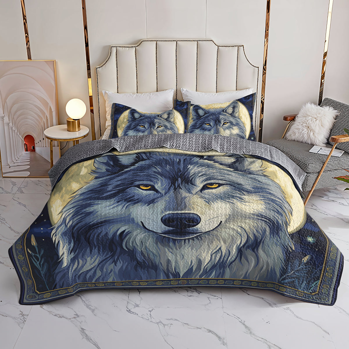 Shineful All Season Quilt 3-Piece Set Wolf In The Full Moon