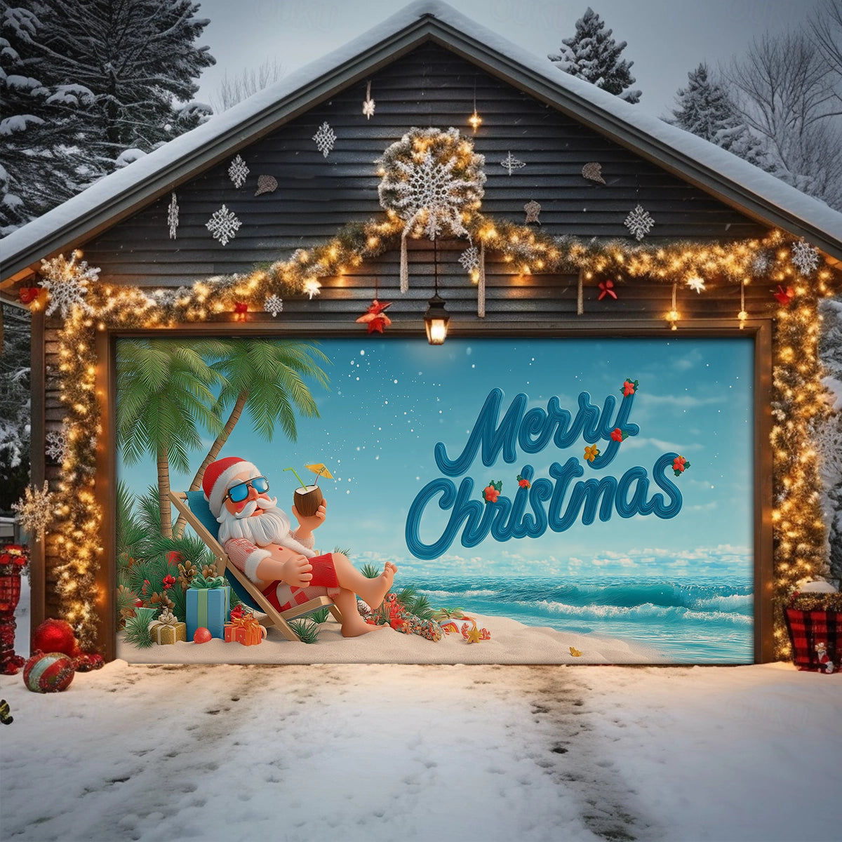 Shineful Garage Door Banner Decoration Tropical Santa Beach Break