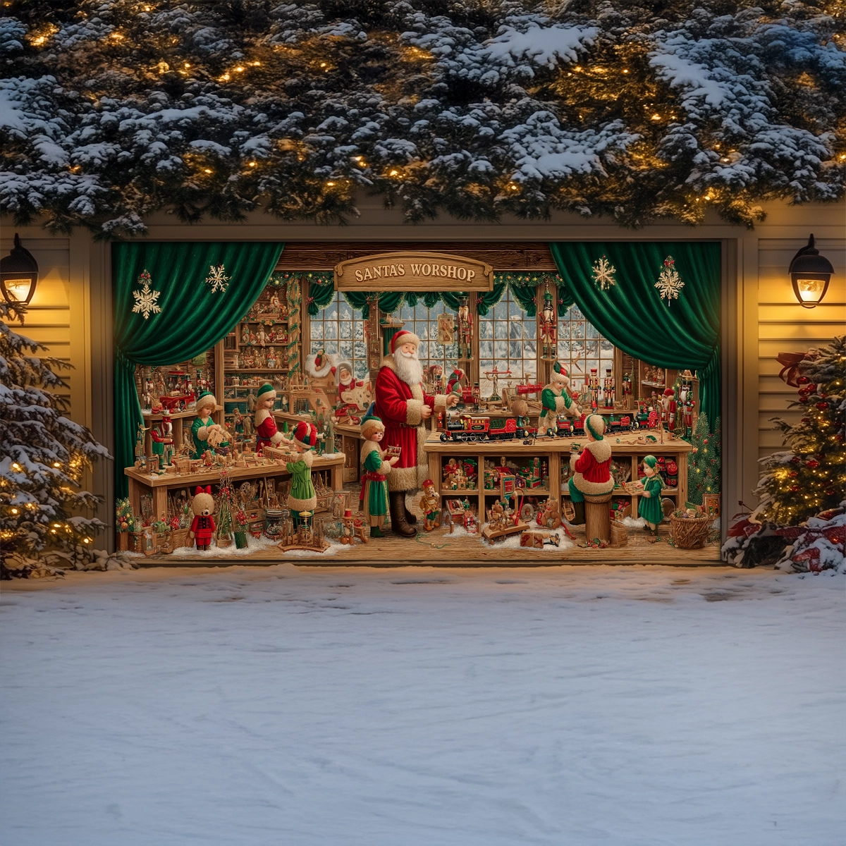 Shineful Garage Door Banner Decoration Santa’s Emerald Toy Workshop