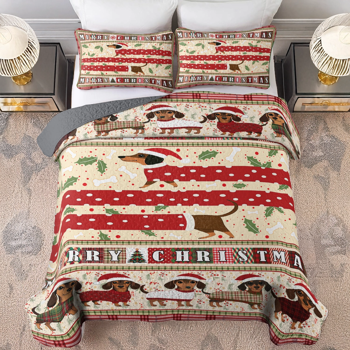 Shineful All Season Quilt 3-Piece Set - Christmas Playful Dachshund