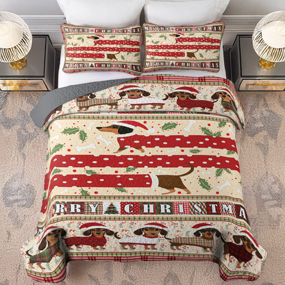 Shineful All Season Quilt 3-Piece Set - Christmas Playful Dachshund