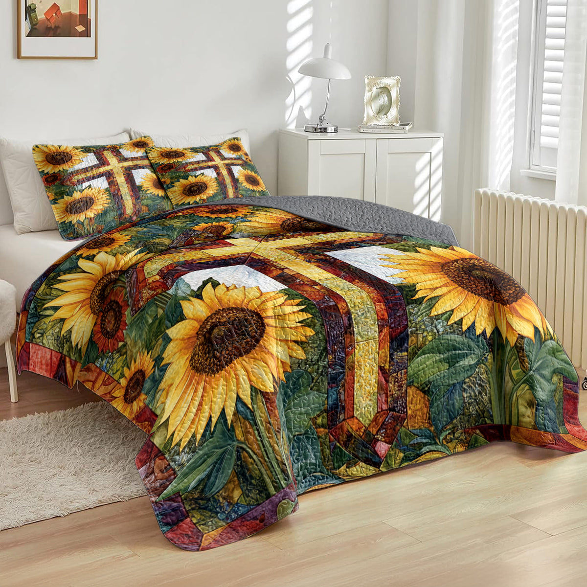 Shineful All Season Quilt 3-Piece Set Sunflower Cross
