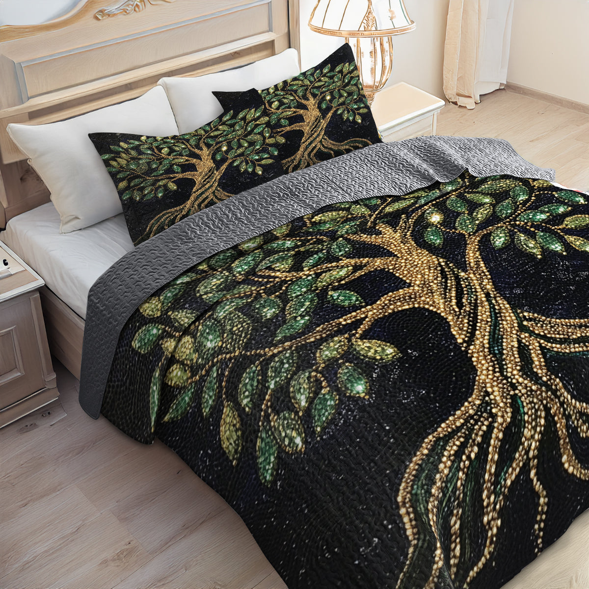 Shineful All Season Quilt 3-Piece Set Golden Tree of Life Luxury