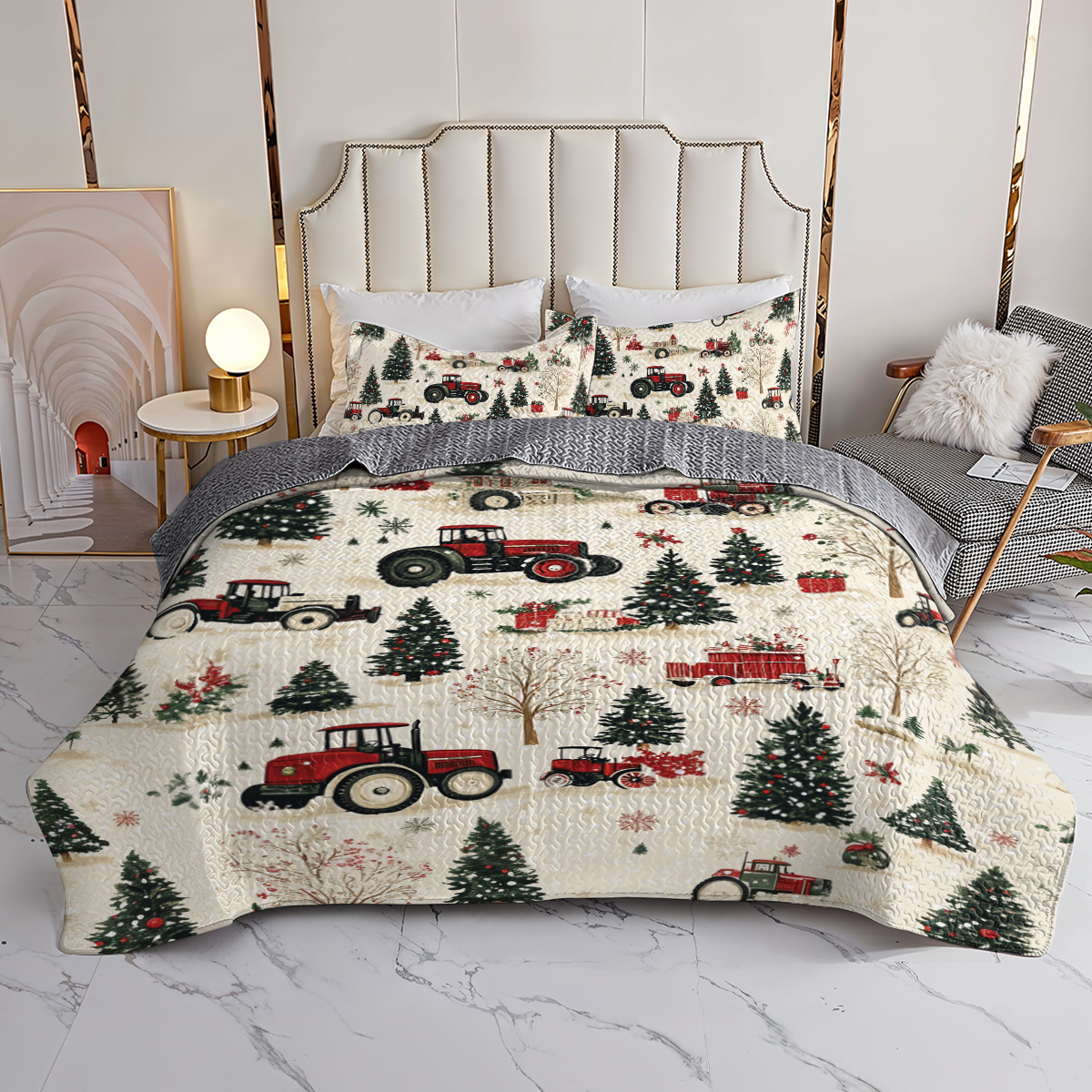 Shineful All Season Quilt 3-Piece Set Tractor Christmas