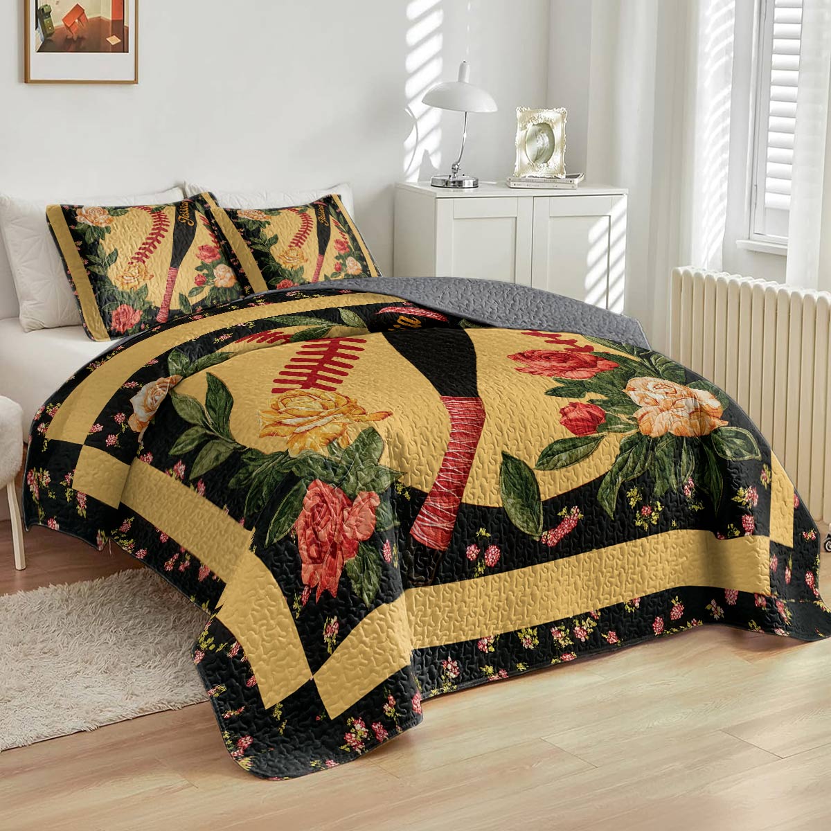 Shineful All Season Quilt 3-Piece Set - Personalized Softball & Foral Fusion