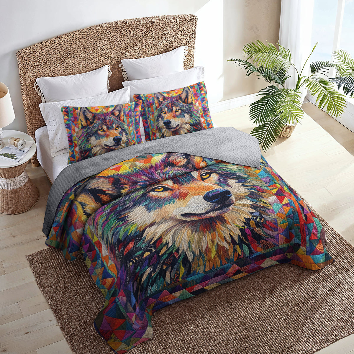 Shineful All Season Quilt 3-Piece Set Colorful Wolf
