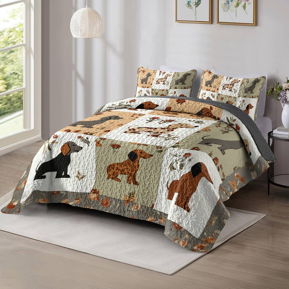 Shineful All Season Quilt 3-Piece Set - Vintage Floral Dachshund