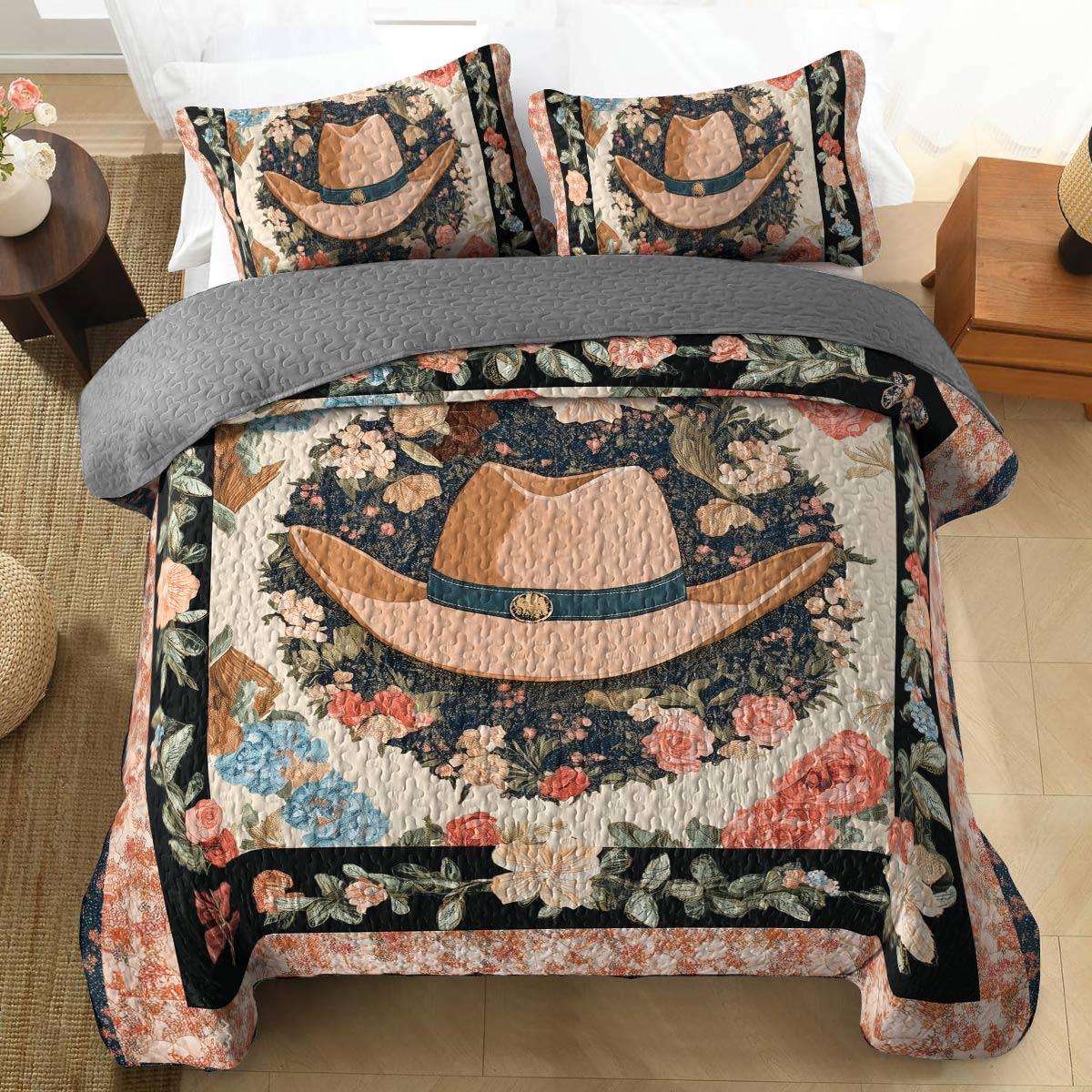Shineful All Season Quilt 3-Piece Set - Floral Cowboy Elegant