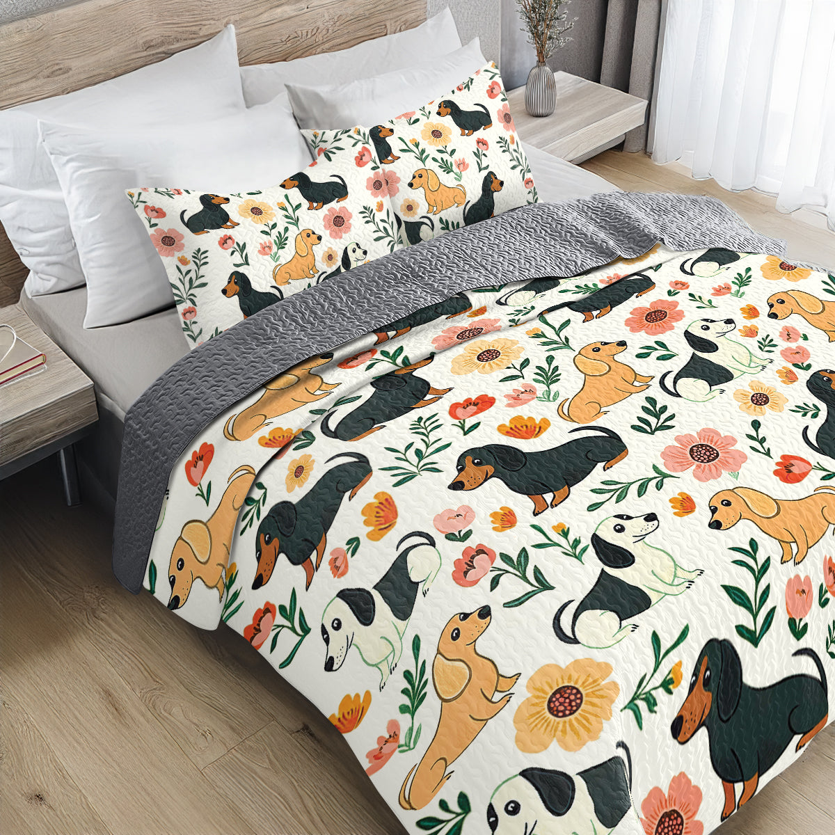 Shineful All Season Quilt 3-Piece Set - Playful Dachshunds In Beautiful Nature
