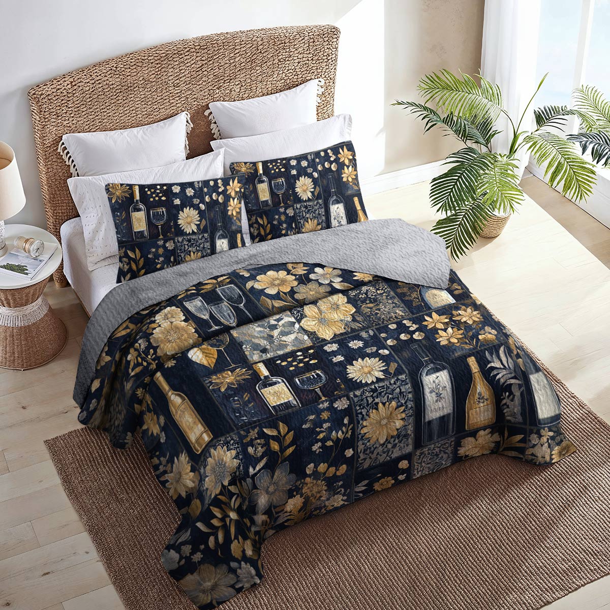 Shineful All Season Quilt 3-Piece Set Gracefulness Wine Floral